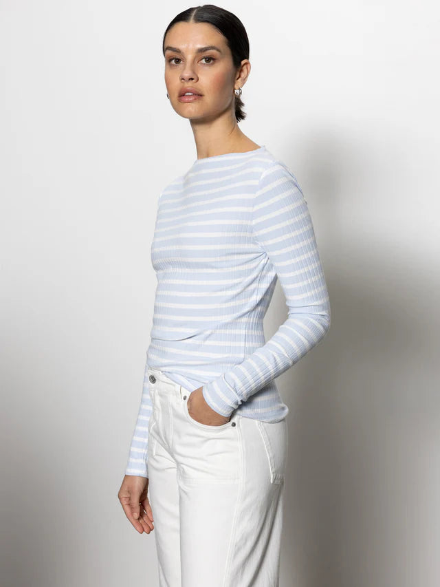 Long Sleeve Boatneck T-Shirt - Sky Blue / White Stripe