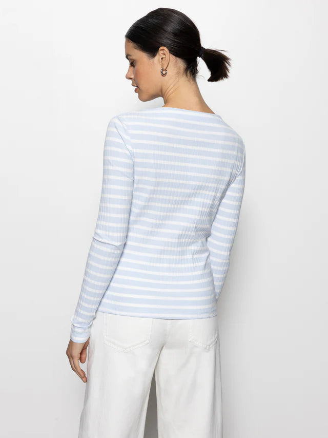 Long Sleeve Boatneck T-Shirt - Sky Blue / White Stripe