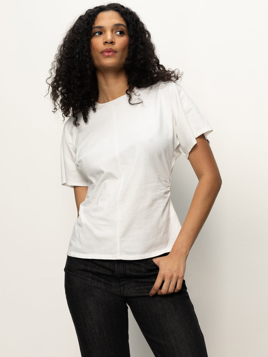 Shirred Waist Dolman Tee - White
