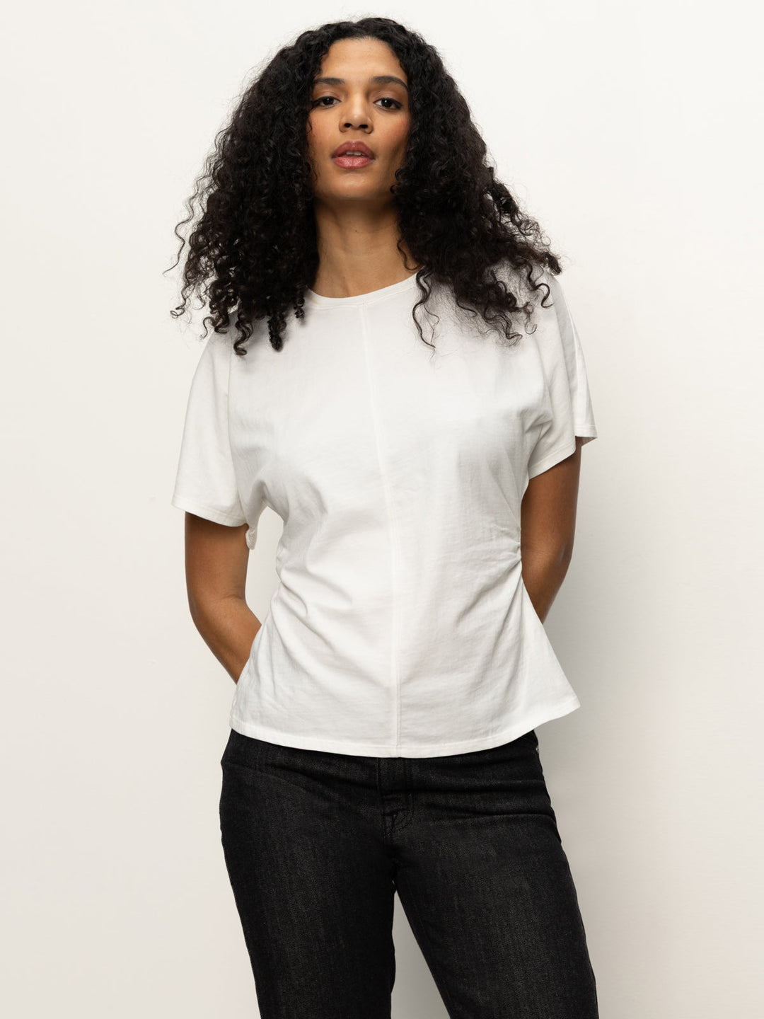 Shirred Waist Dolman Tee - White