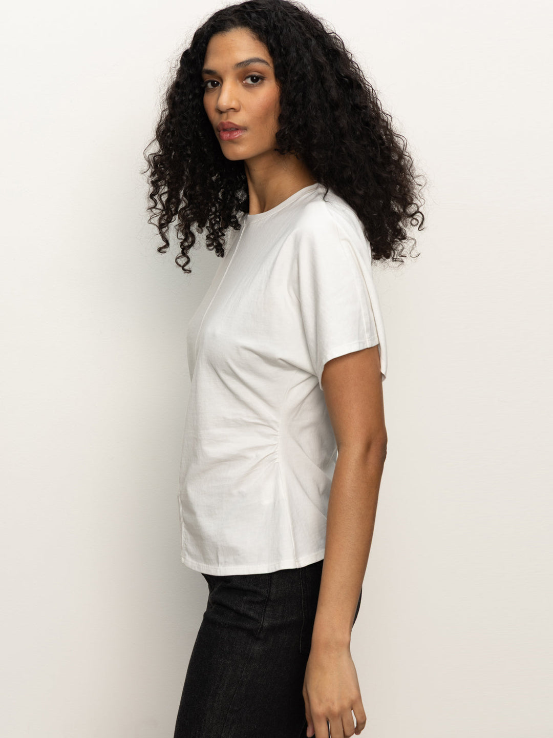 Shirred Waist Dolman Tee - White