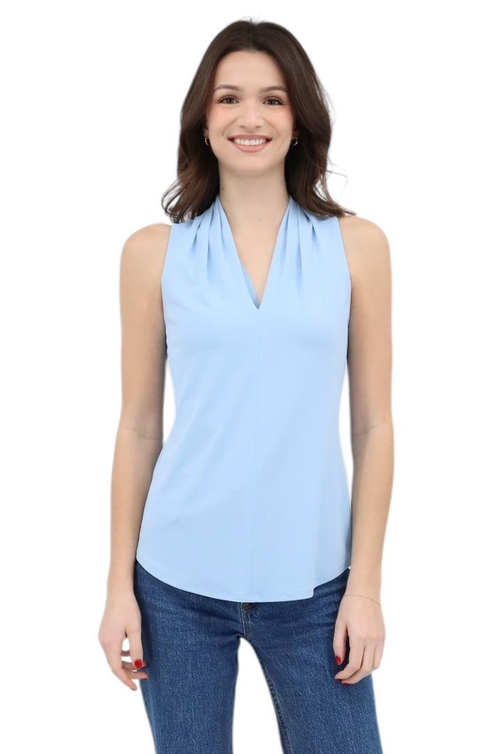 Matte Jersey Sleeveless Pleated V Neck Top