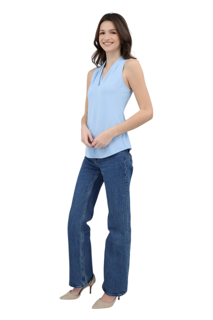 Matte Jersey Sleeveless Pleated V Neck Top