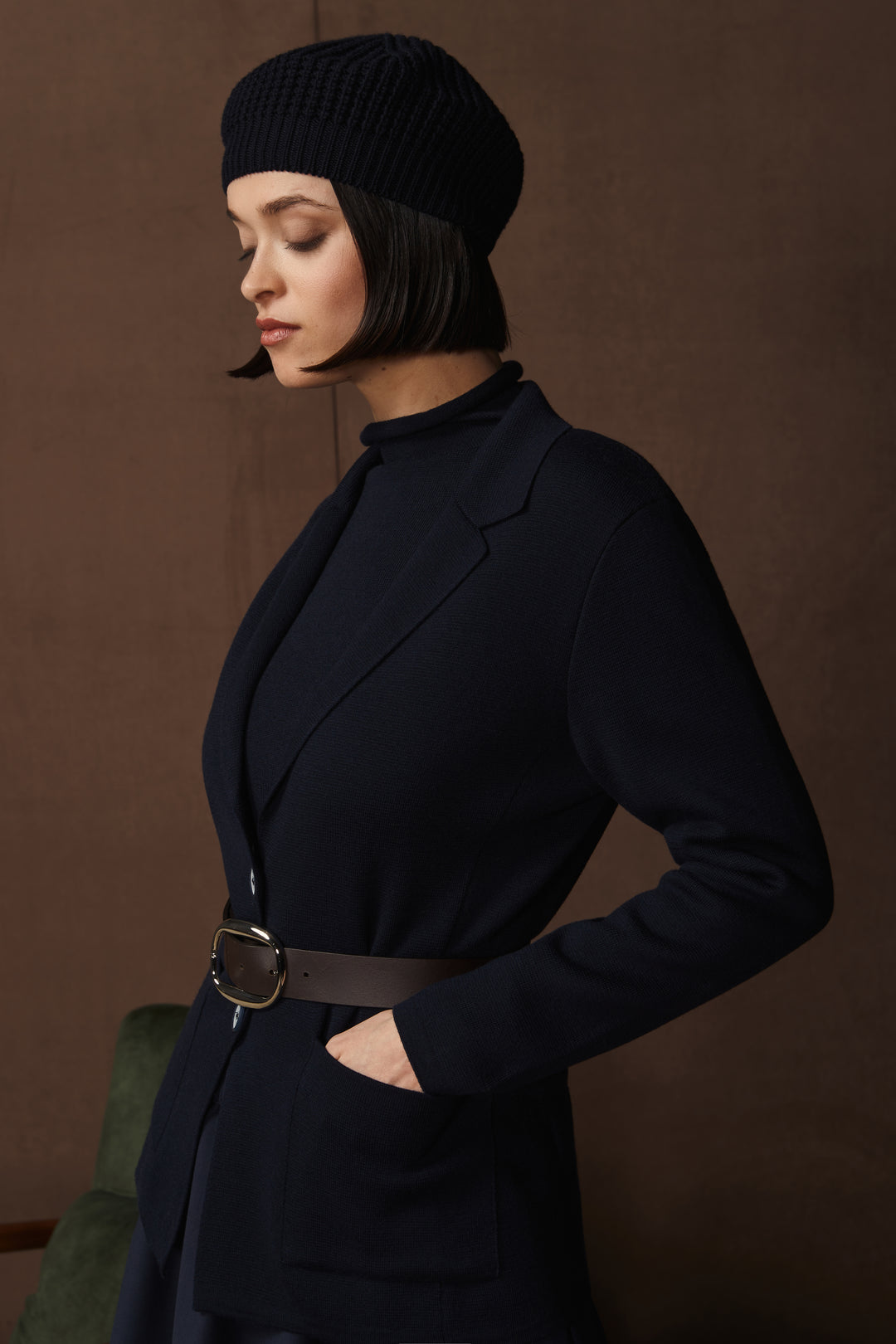 Knit Blazer with Tailored Lapel and Patch Pockets - Navy