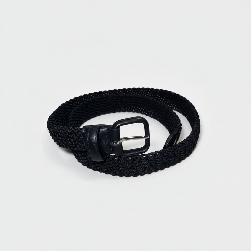Black woven belt with a metal buckle on a light gray background
