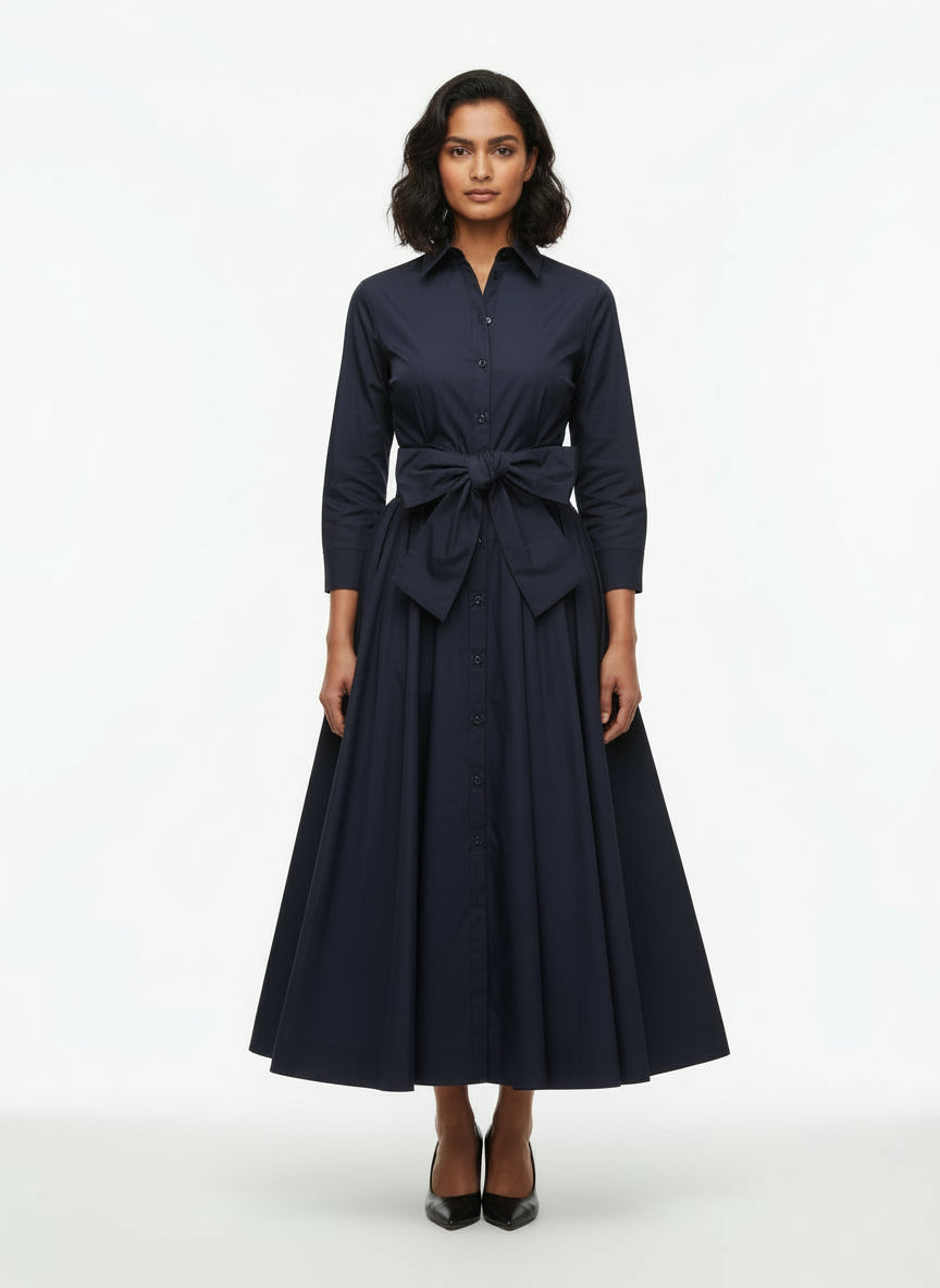 Terry Dress Shirt Collar 3/4 Sleeve Midi Plus Length Silk Taffeta