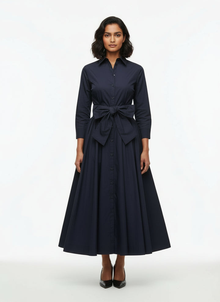 Terry Dress Shirt Collar 3/4 Sleeve Midi Plus Length Silk Taffeta