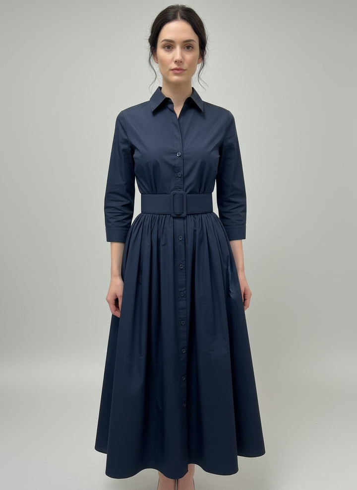 Terry Dress Shirt Collar 3/4 Sleeve Midi Plus Length Silk Taffeta