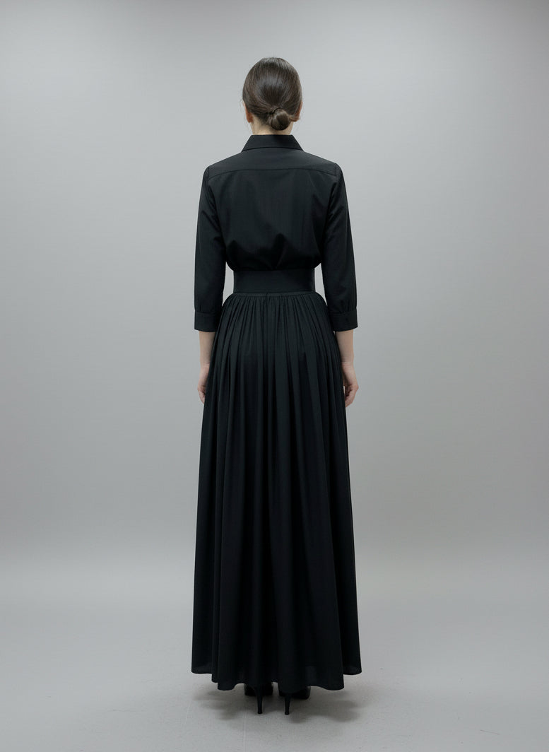 Terry Dress Shirt Collar 3/4 Sleeve Midi Plus Length Silk Taffeta