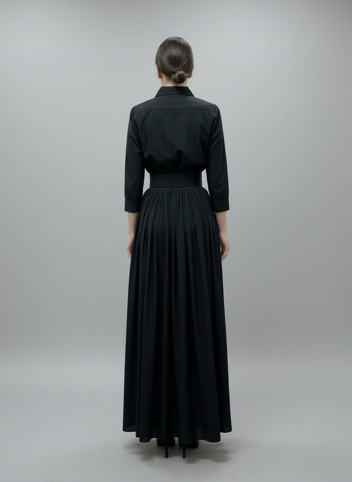 Terry Dress Shirt Collar 3/4 Sleeve Midi Plus Length Silk Taffeta