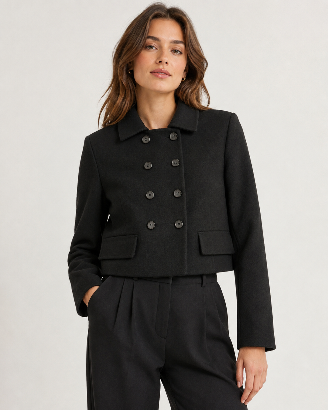 Double Breasted Wool Short Jacket - Black