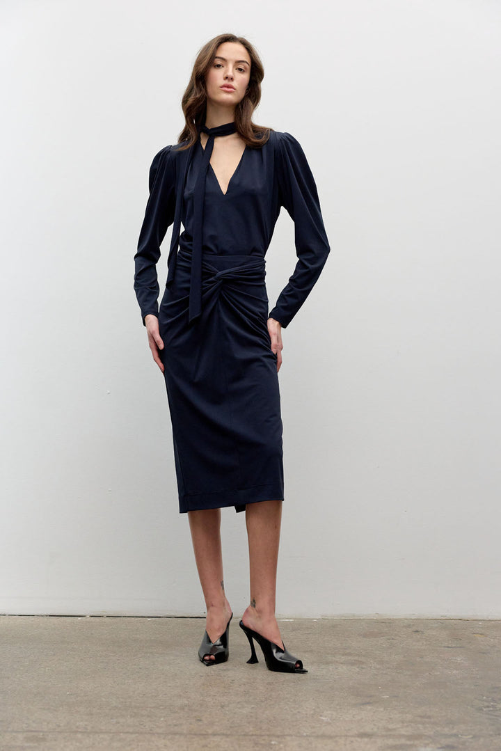 Matte Jersey V Neck Long Sleeve Blouse - Navy
