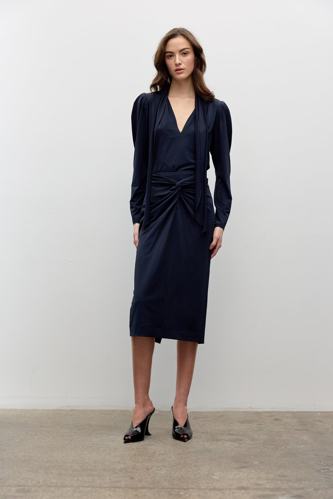 Matte Jersey V Neck Long Sleeve Blouse - Navy