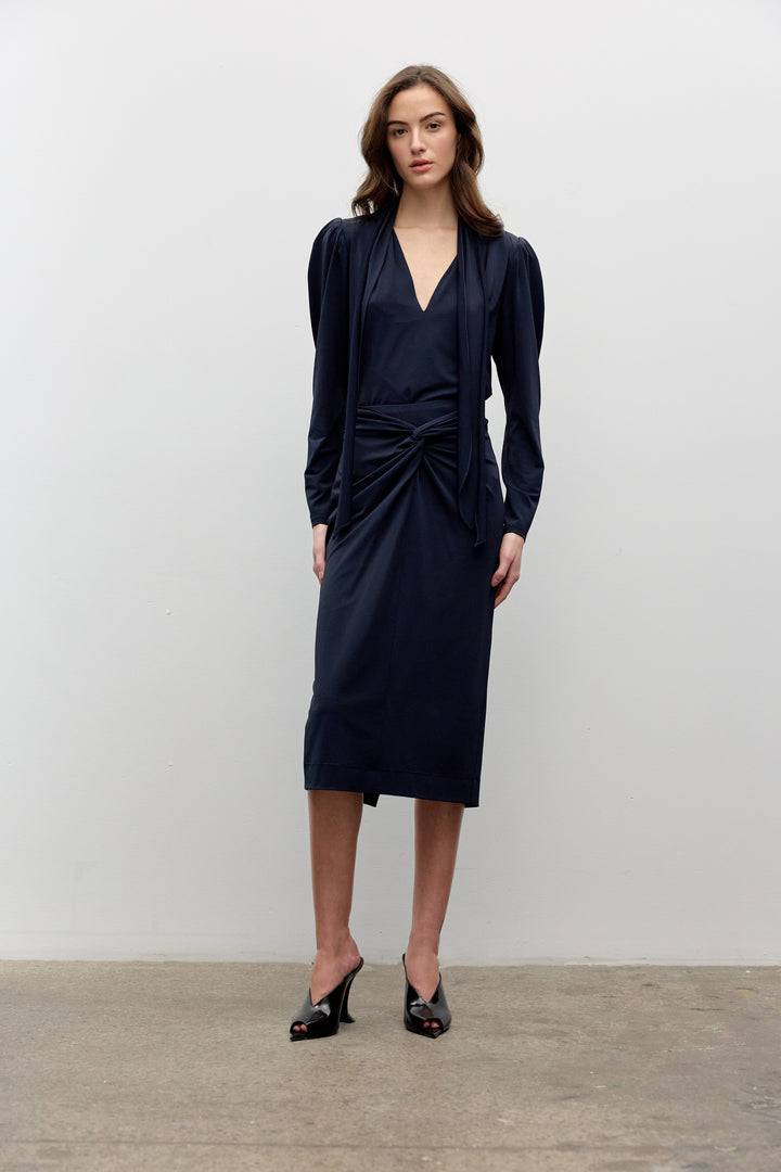 Matte Jersey V Neck Long Sleeve Blouse - Navy