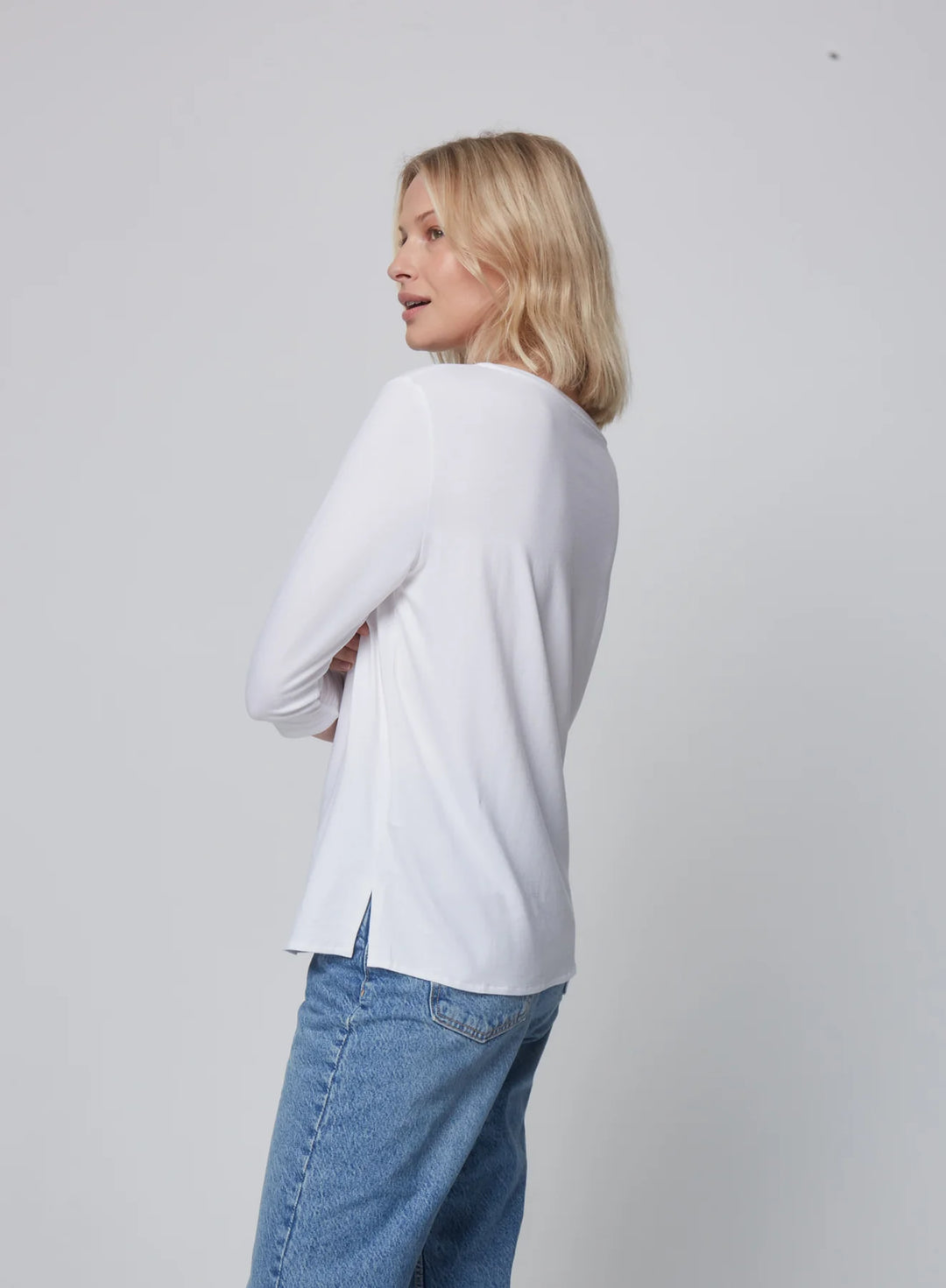Soft Touch 3/4 Sleeve Pleat Back Crewneck