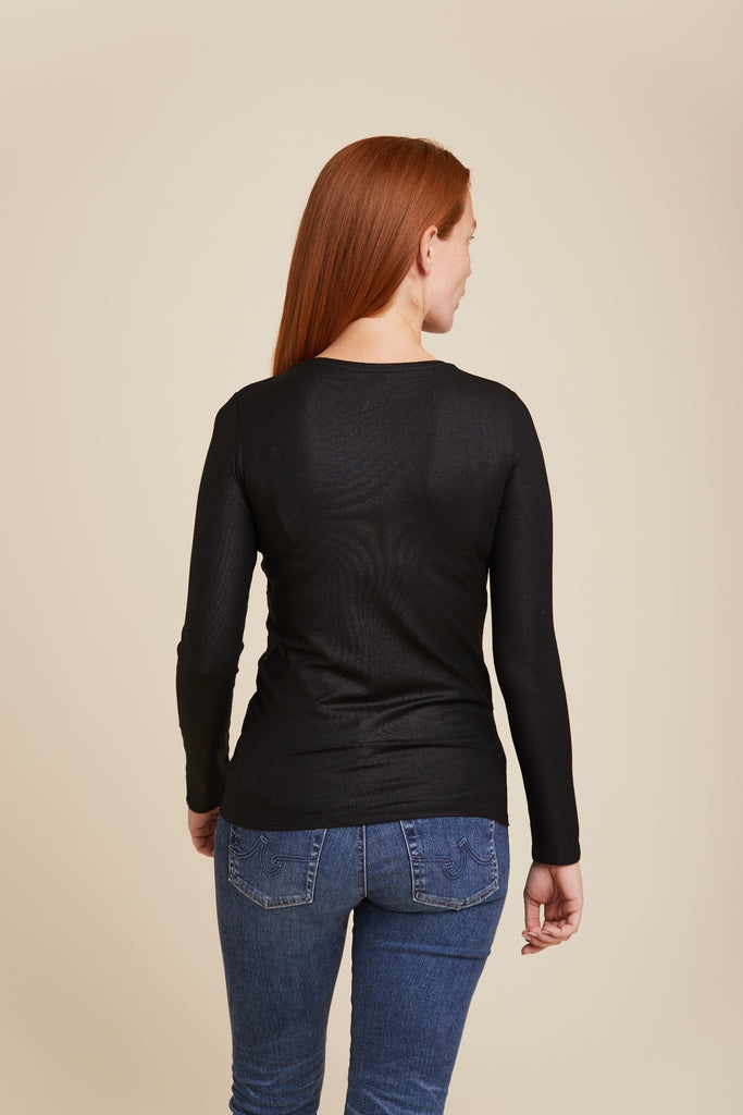 Soft Touch Metallic Long Sleeve Crewneck in Black