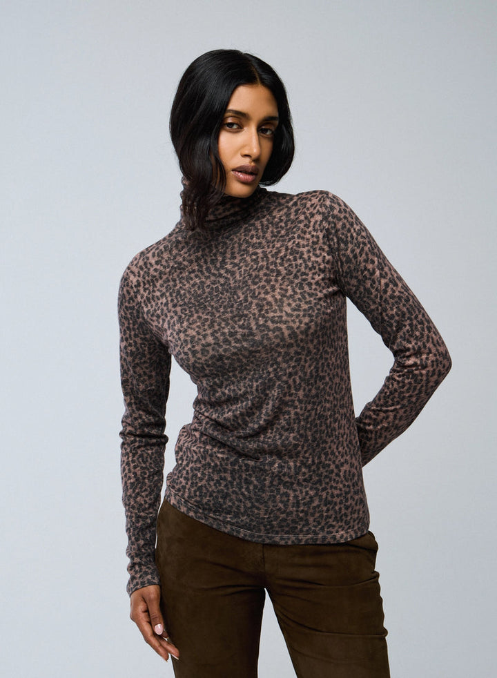 Cotton Cashmere Long Sleeve Novelty Leopard Turtleneck