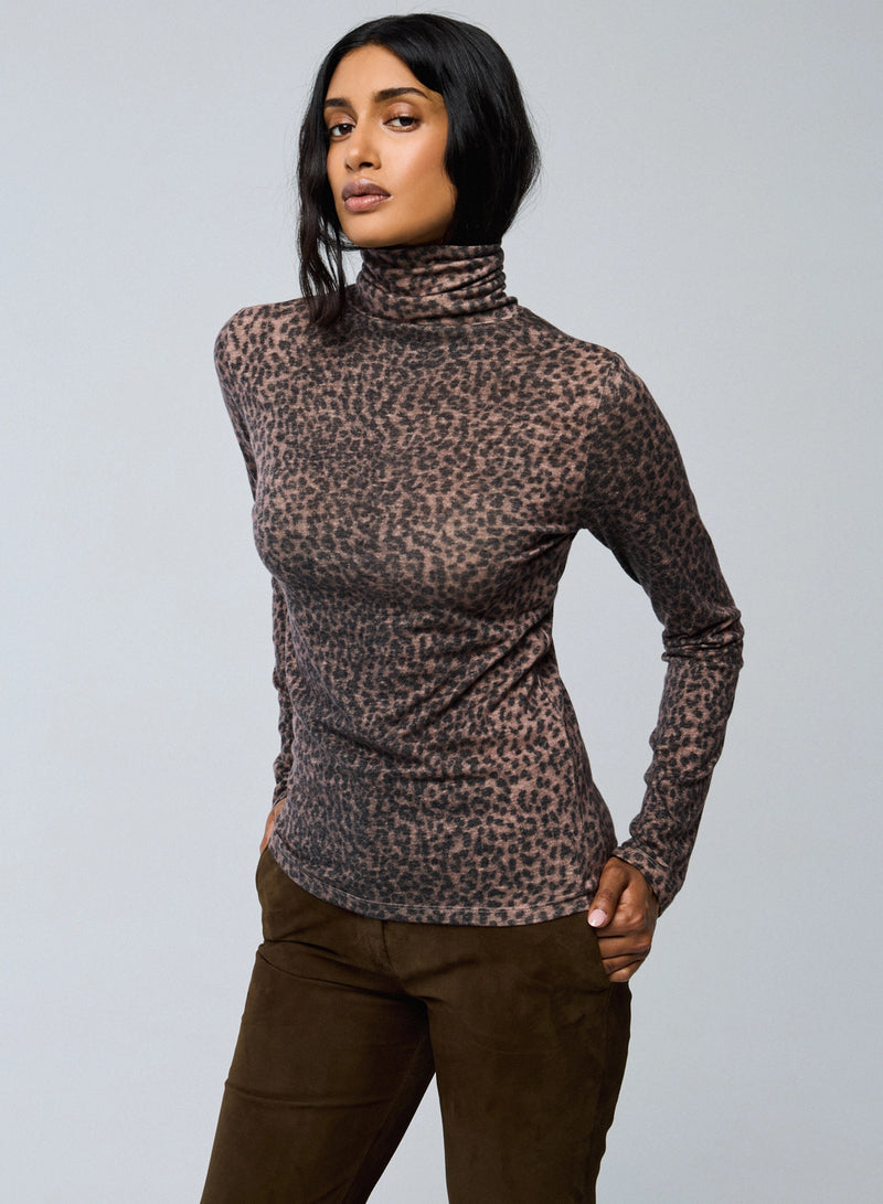 Cotton Cashmere Long Sleeve Novelty Leopard Turtleneck