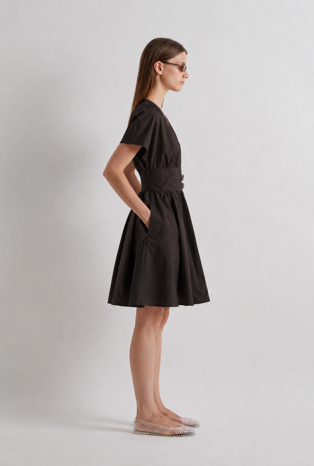 Double Buckle Short Dress - Brown