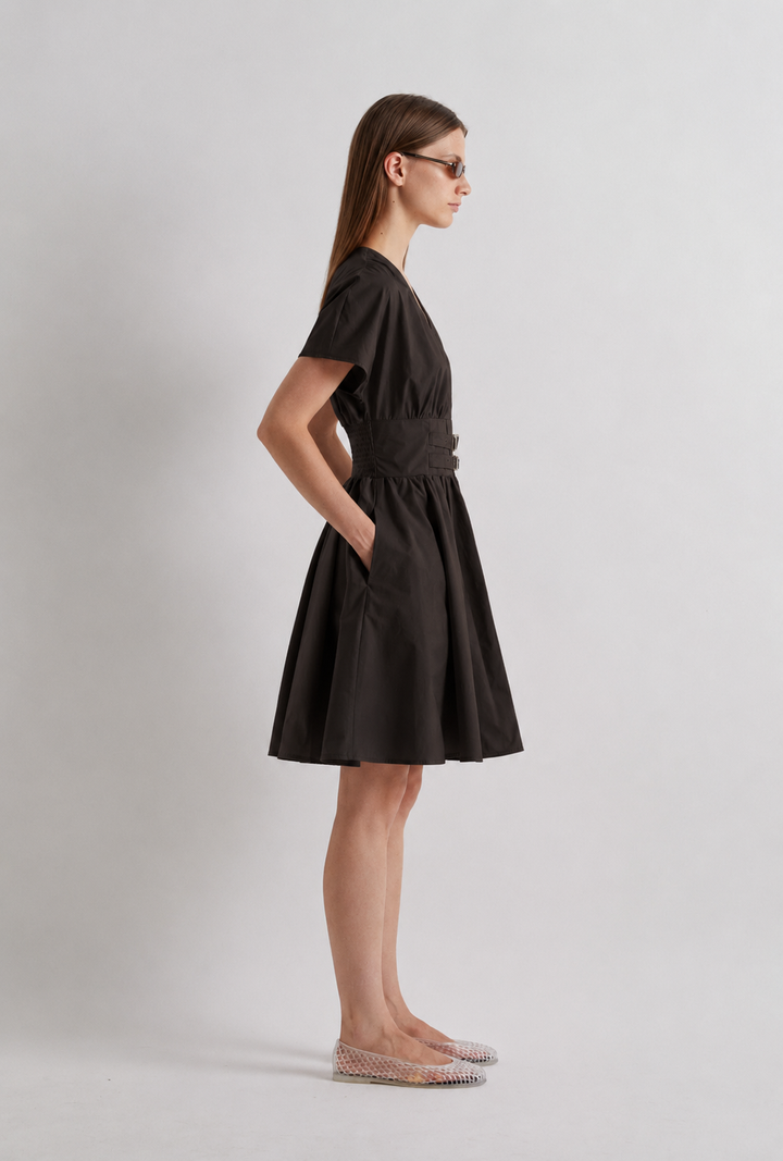 Double Buckle Short Dress - Brown