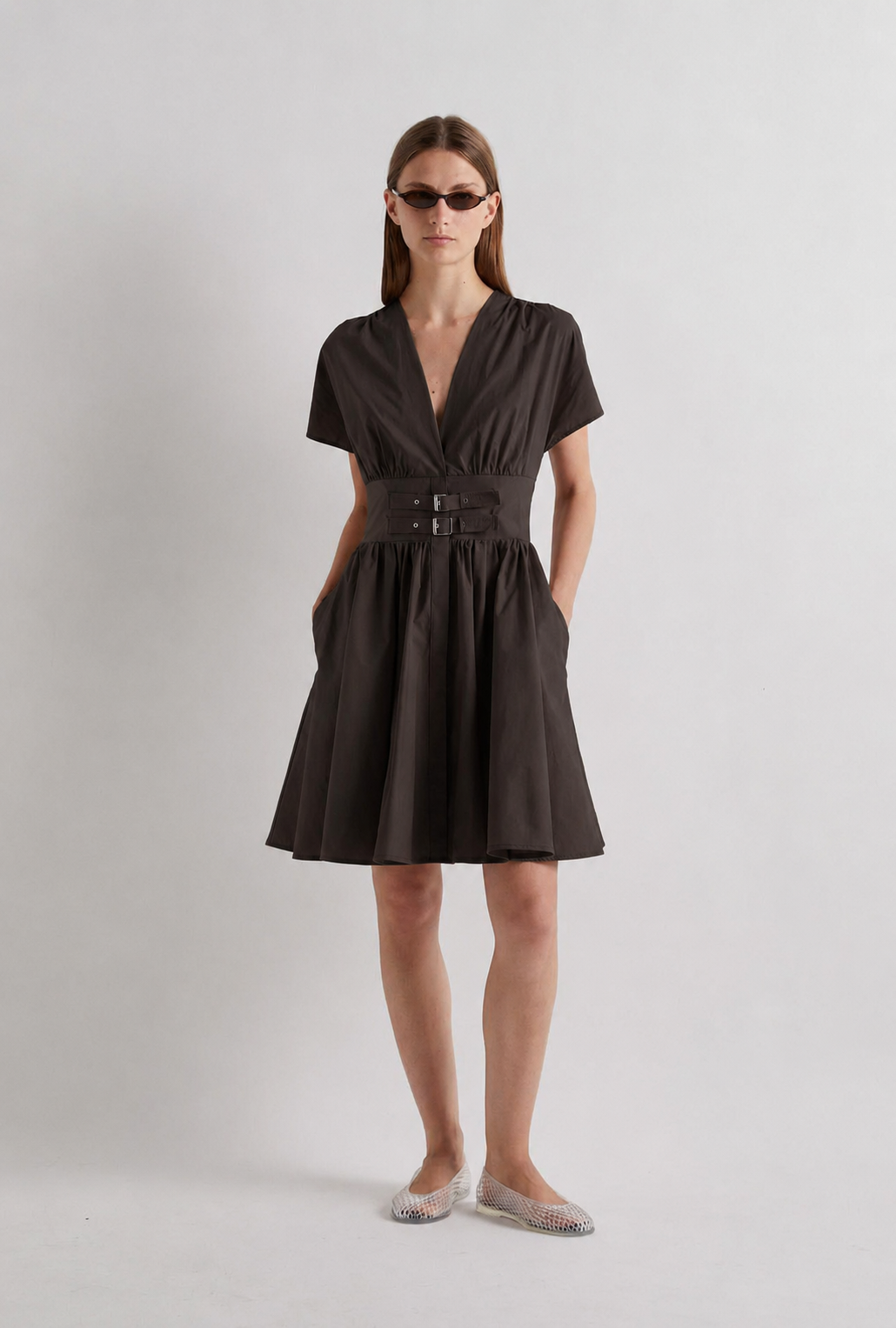 Double Buckle Short Dress - Brown