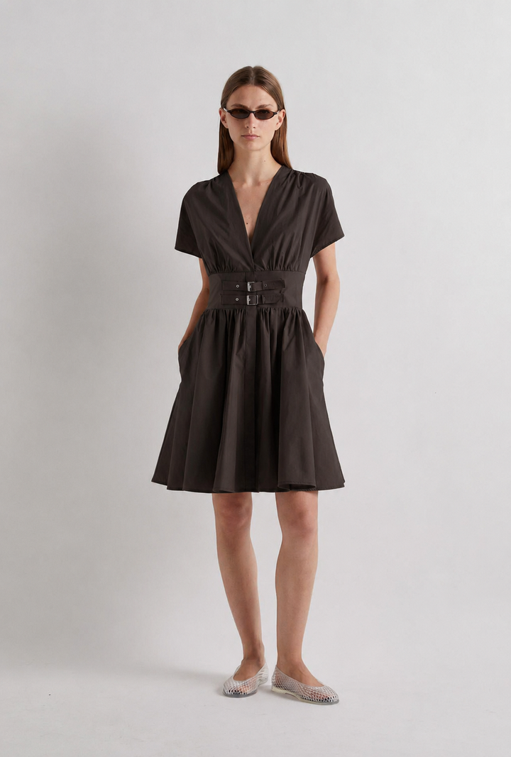 Double Buckle Short Dress - Brown