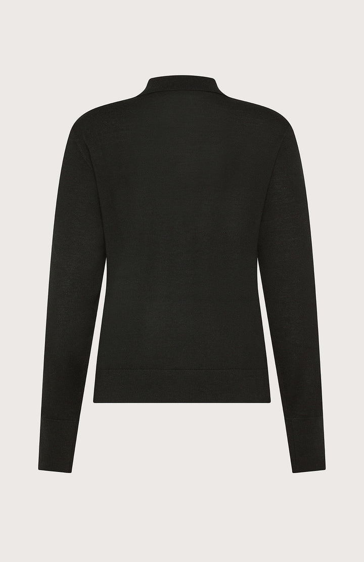 Merino Wool Long Sleeve Polo Shirt - Black