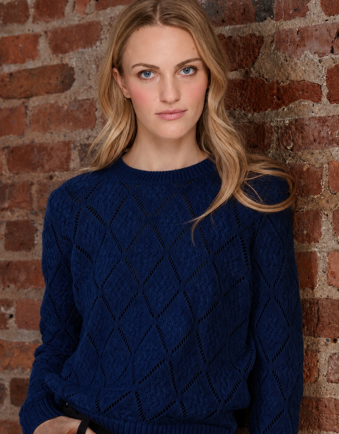 Diamond Stitch Pointelle Sweater - Navy