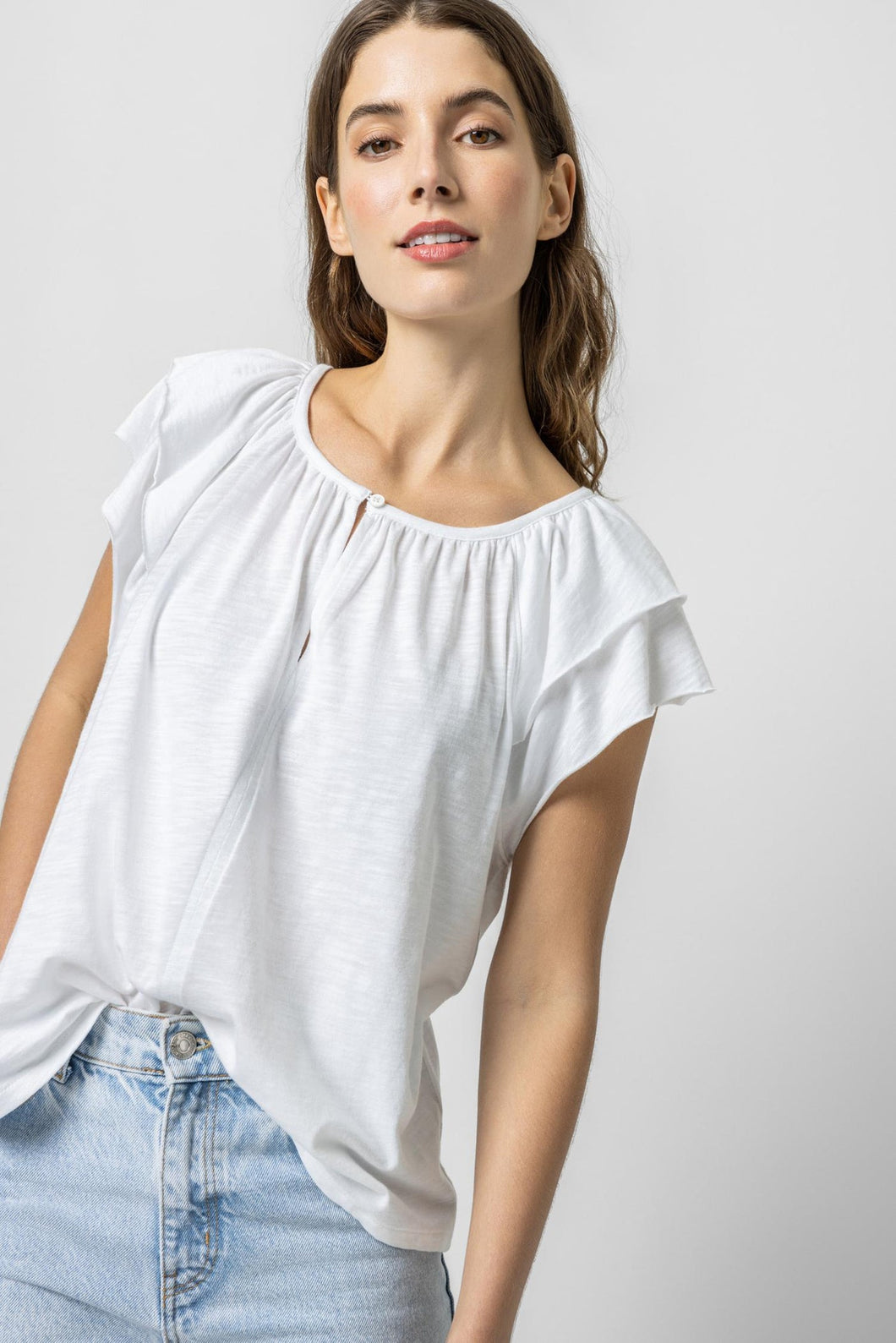 Ruffle Sleeve Keyhole Top