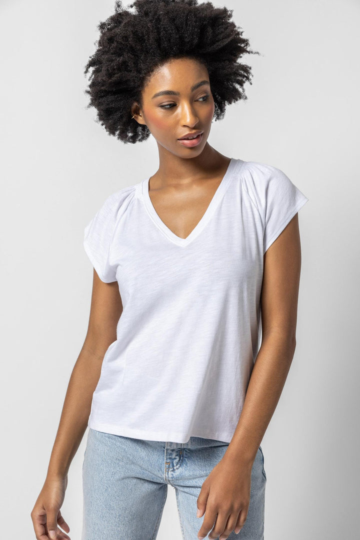 Shirred Shoulder V Neck