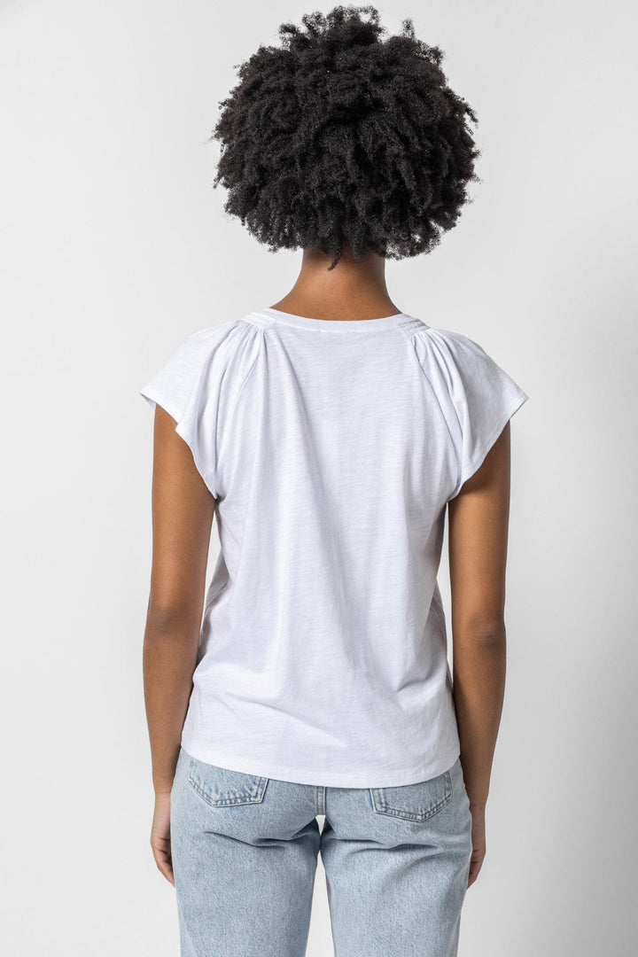 Shirred Shoulder V Neck