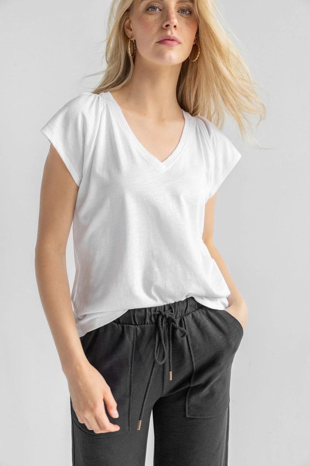 Shirred Shoulder V Neck