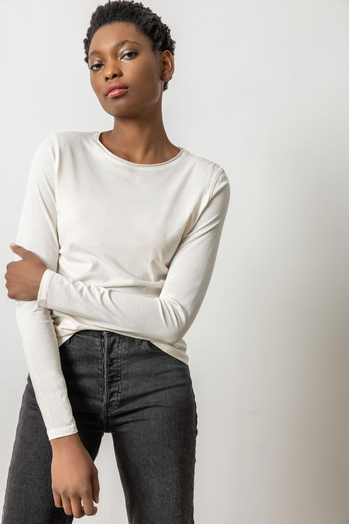 Long Sleeve Rolled Edge Crewneck - Ivory