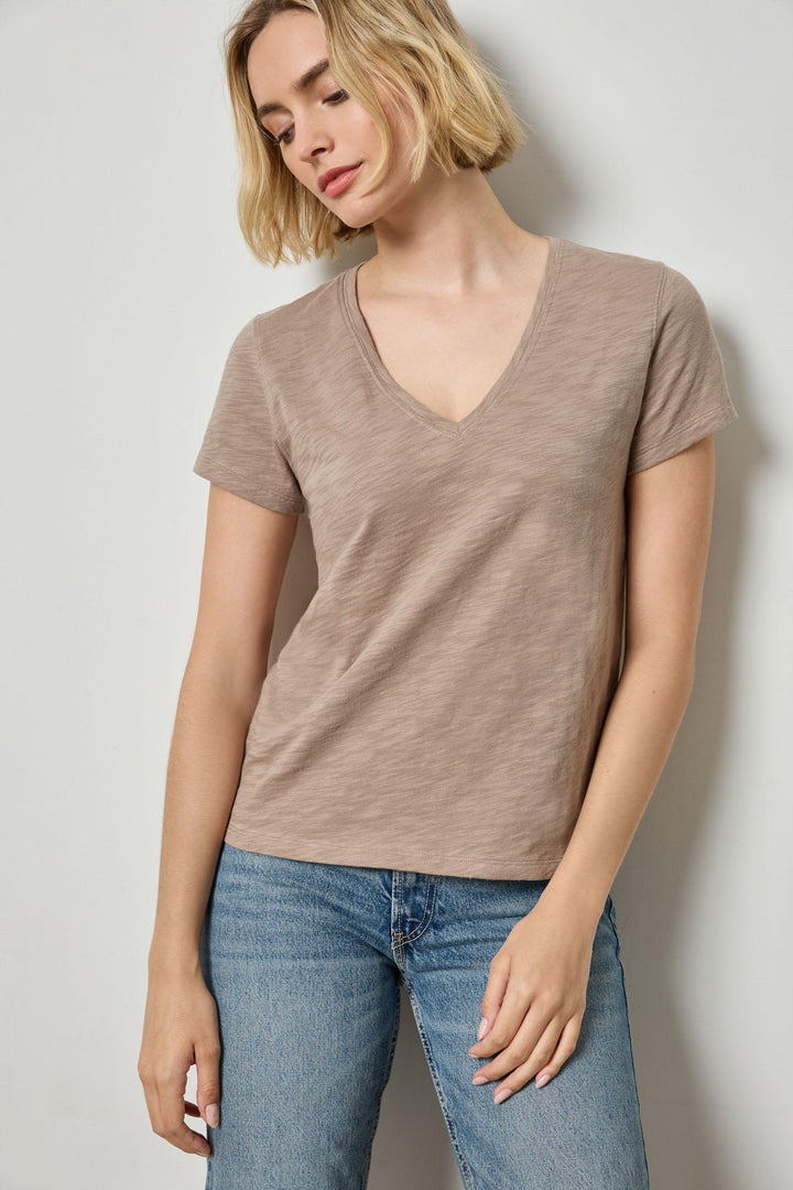 Short Sleeve Back Seam V Neck