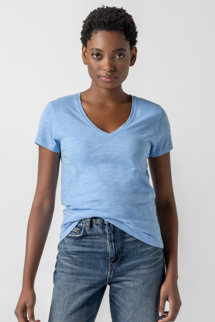 Short Sleeve Back Seam V Neck