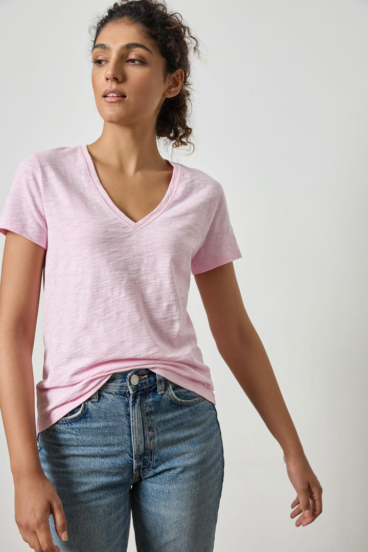 Short Sleeve Back Seam V Neck