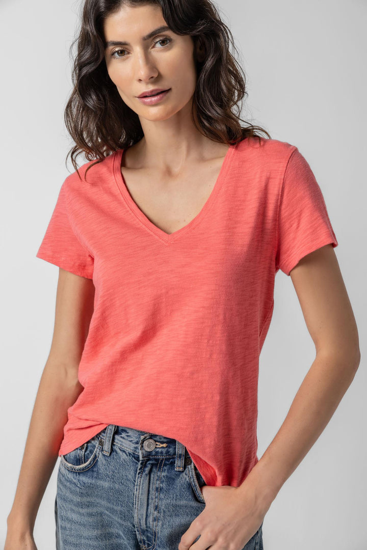 Short Sleeve Back Seam V Neck