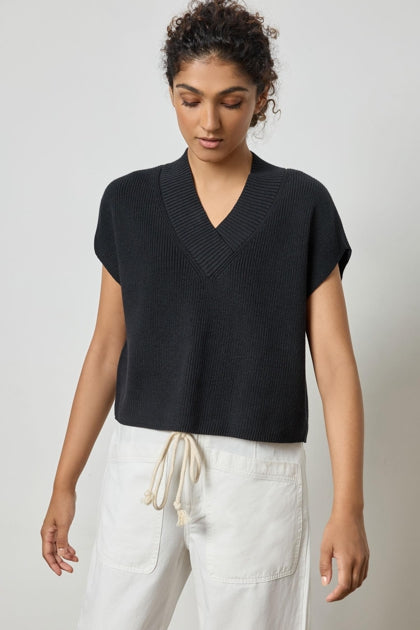 Wide Trim V Neck Sweater - Black