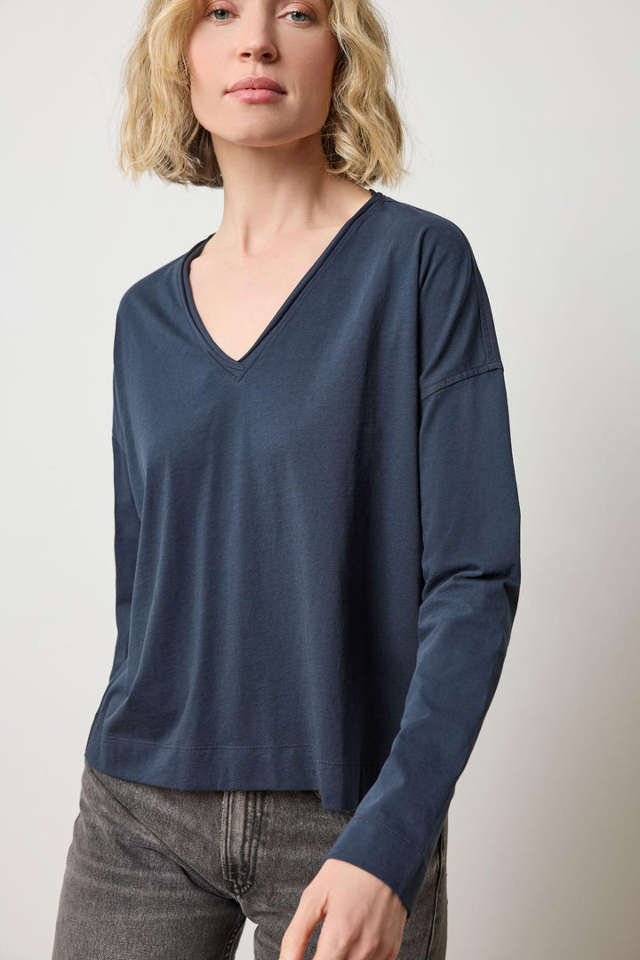 Long Sleeve V-Neck Cut Edge - Navy