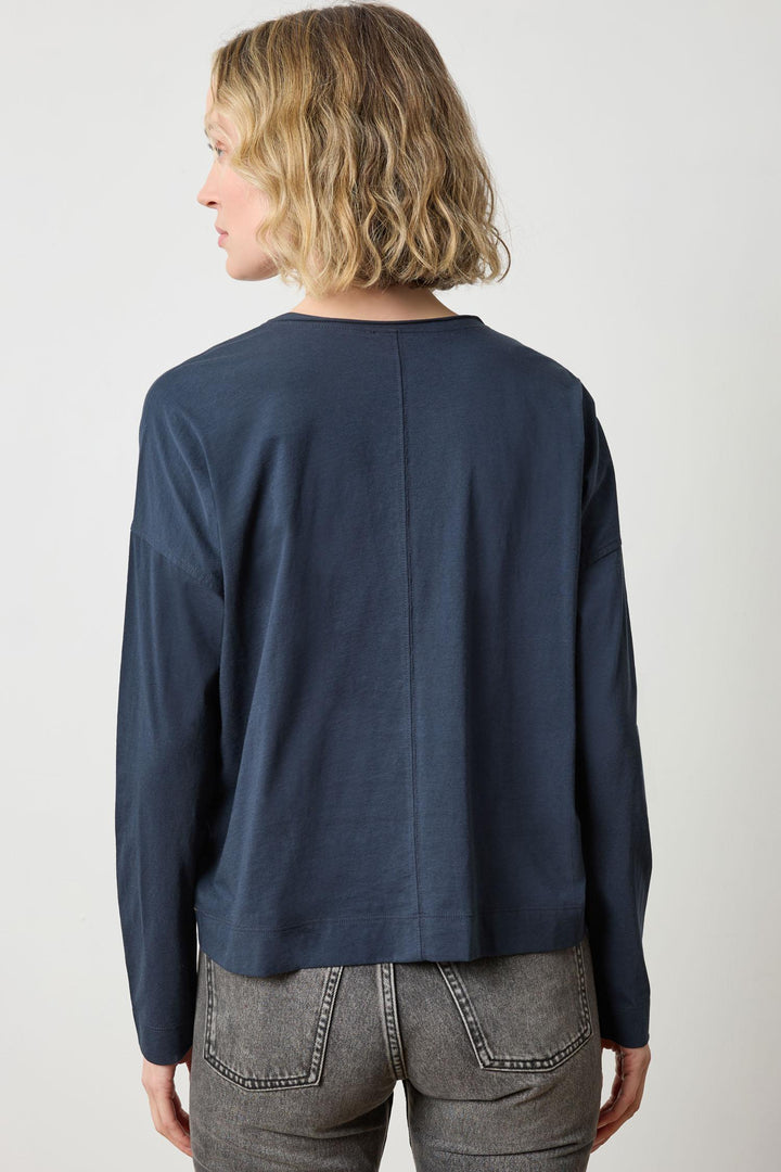 Long Sleeve V-Neck Cut Edge - Navy
