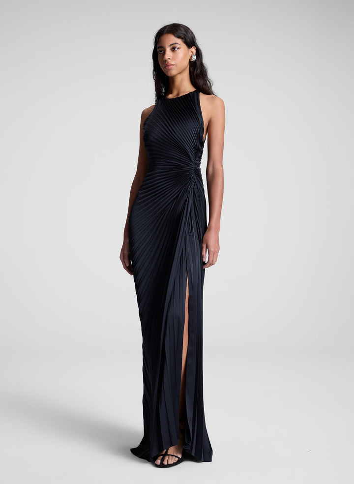 Reagan Satin Pleated Gown - Black