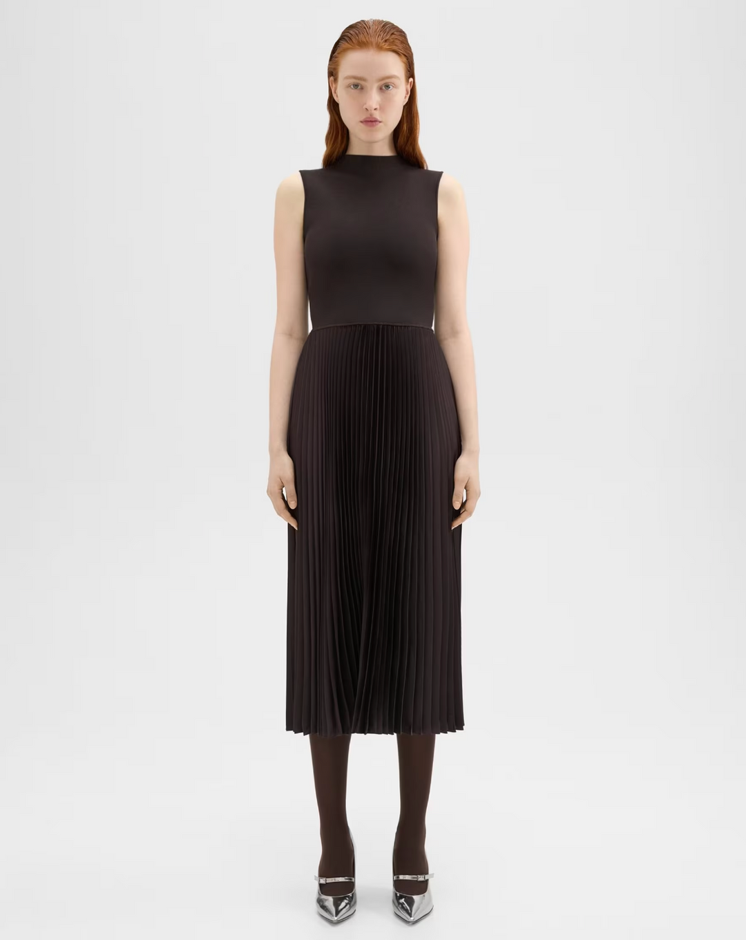 Pleated Combo Dress in Textured Satin