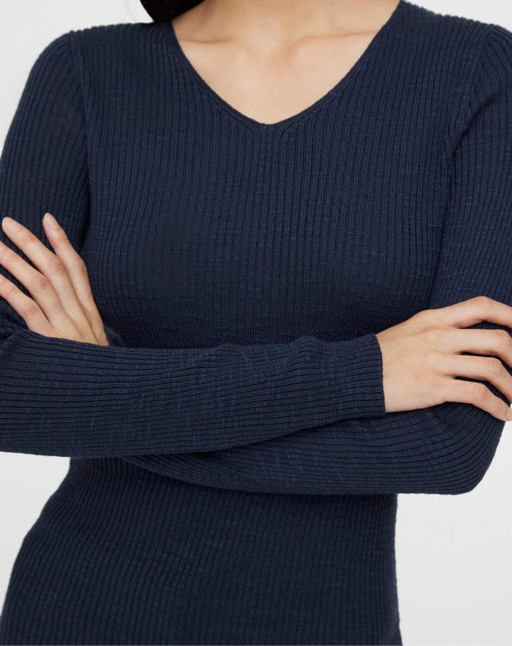 Rib Knit V-Neck Sweater in Slub Cotton Blend