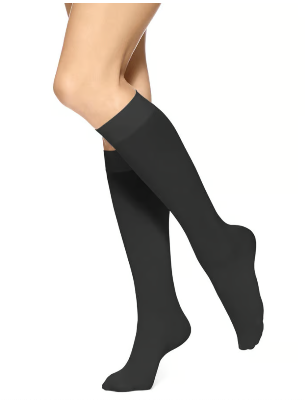 A pair of black opaque knee-high socks.