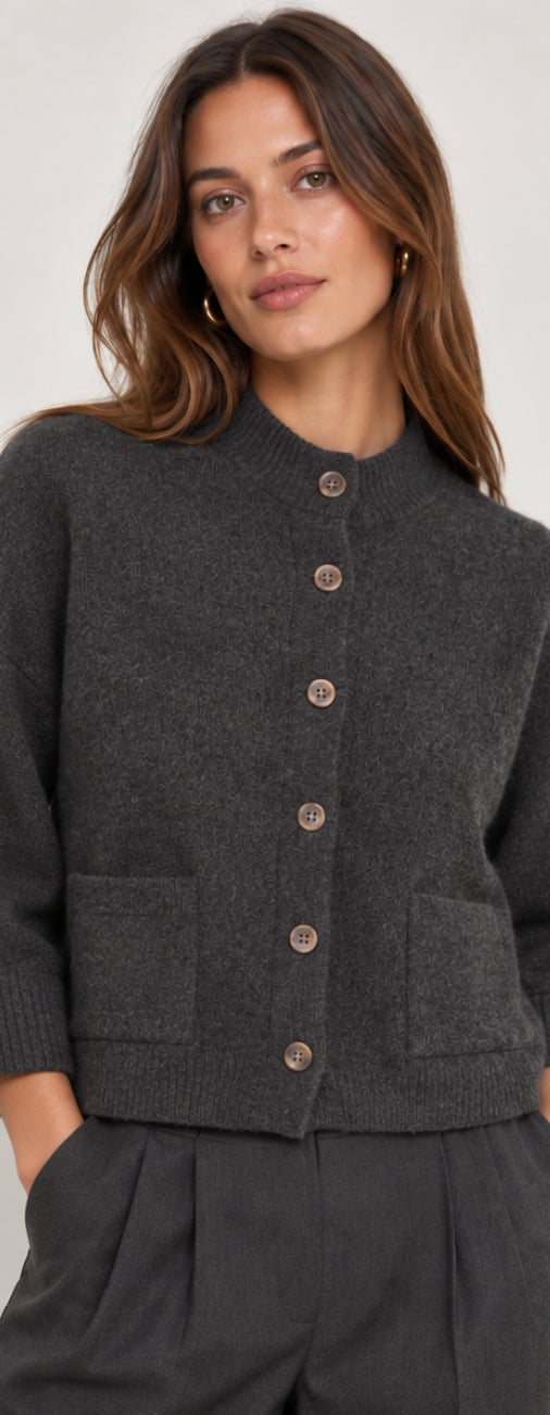4-Ply Solid Boxy Mock Neck Cardigan
