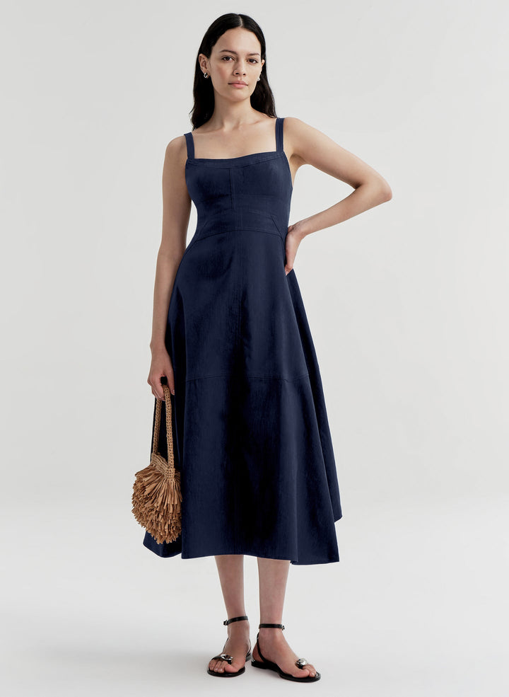 Harlow Linin Midi Dress - Navy