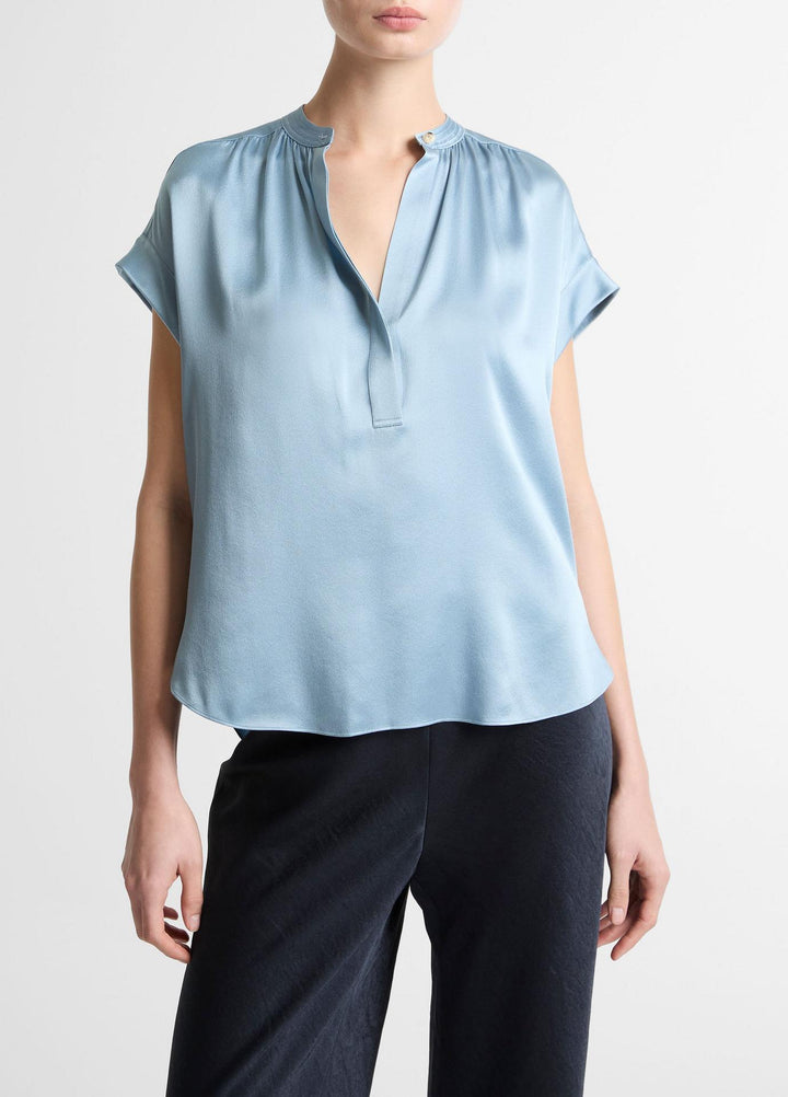 Silk Gathered Cap-Sleeve Blouse