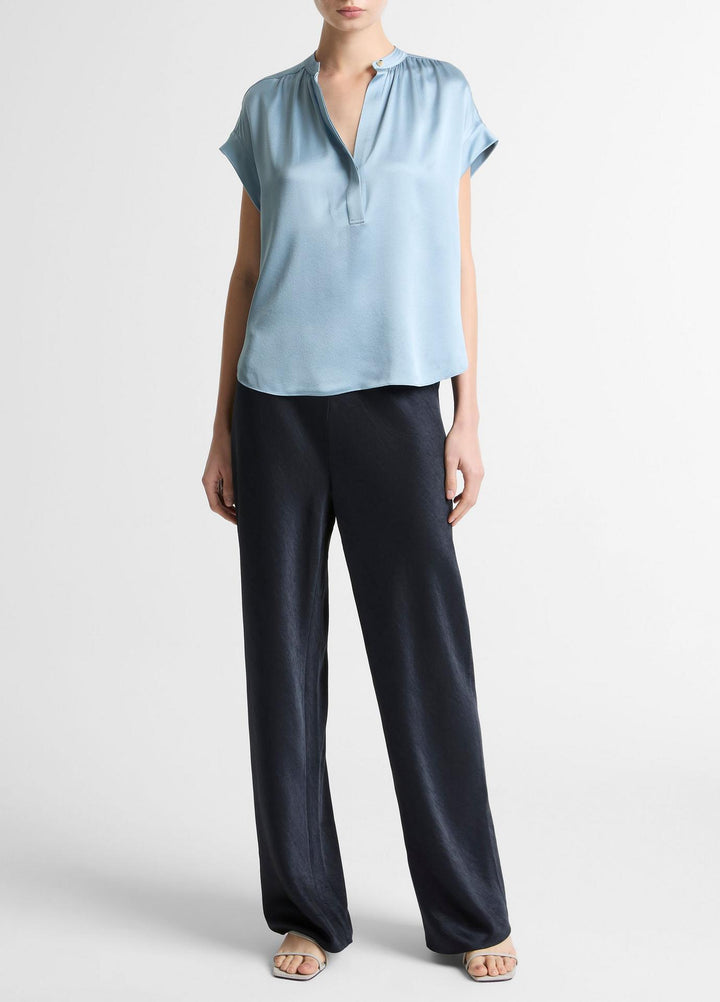 Silk Gathered Cap-Sleeve Blouse