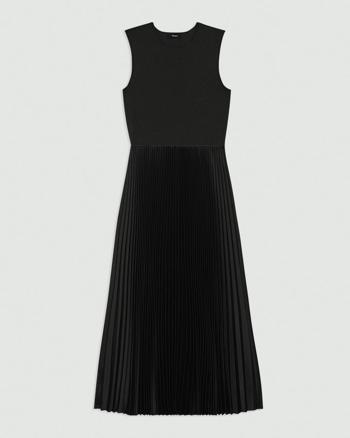 Pleated Combo Dress in Textured Satin
