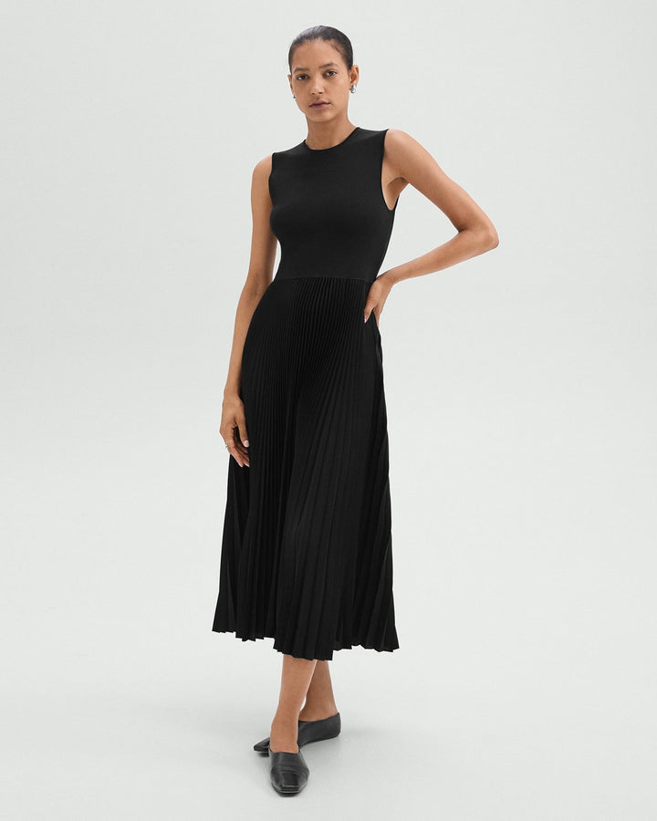 Pleated Combo Dress in Textured Satin